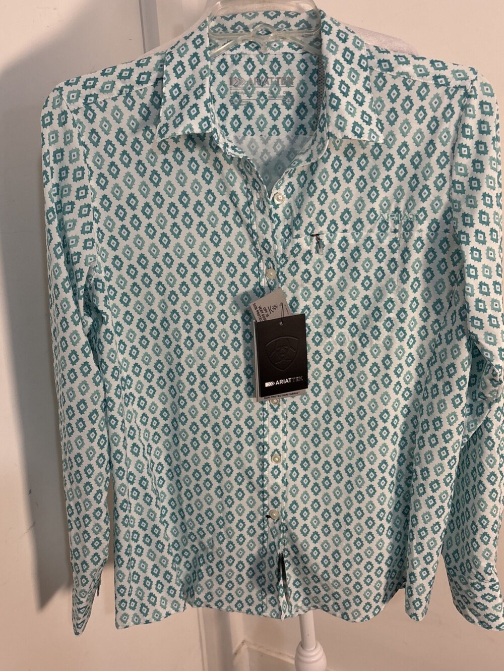 Ariat Tek Long Sleeve Western Button Down Shirt Teal White Diamond Print NWT Sma